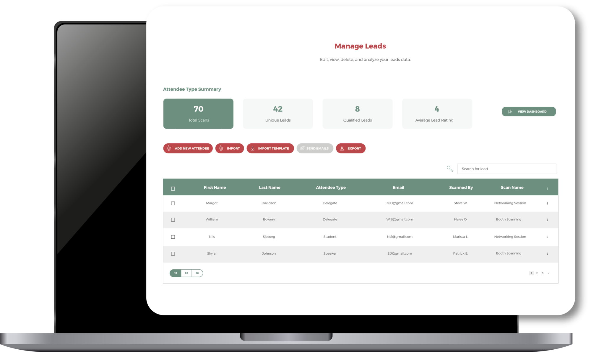 Manage Leads — attendee dashboard Manage Leads — attendee dashboard